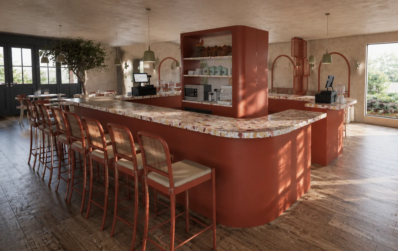 Bar incurvé en terracotta avec chaises cannées et plan en terrazzo