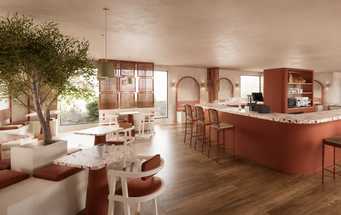 Comptoir du café en terracotta avec olivier et tables en terrazzo