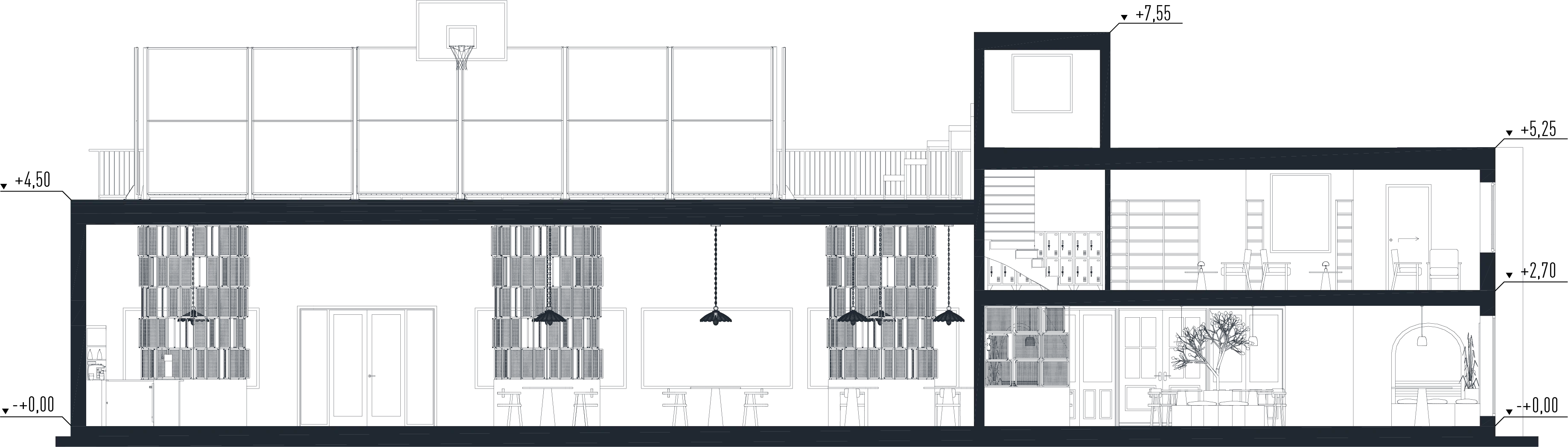 Coupe sur les espaces coworking et ateliers avec sanitaires