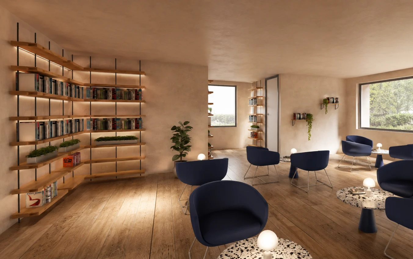 Espace détente et bibliothèque avec étagères bois éclairées et fauteuils bleu marine