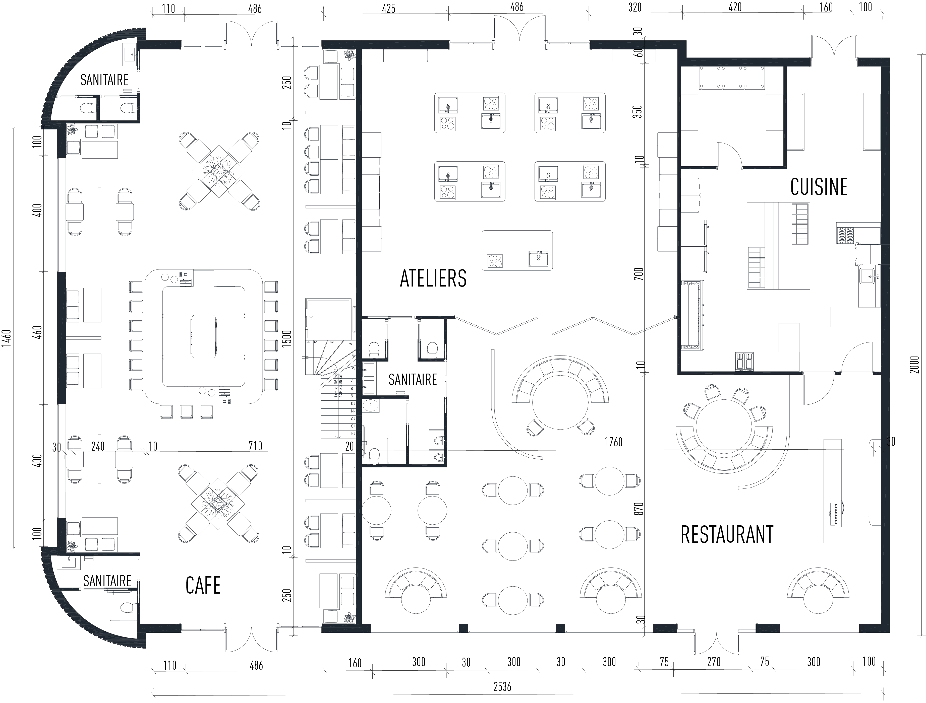 Plan du rez-de-chaussée avec café, ateliers, cuisine et restaurant