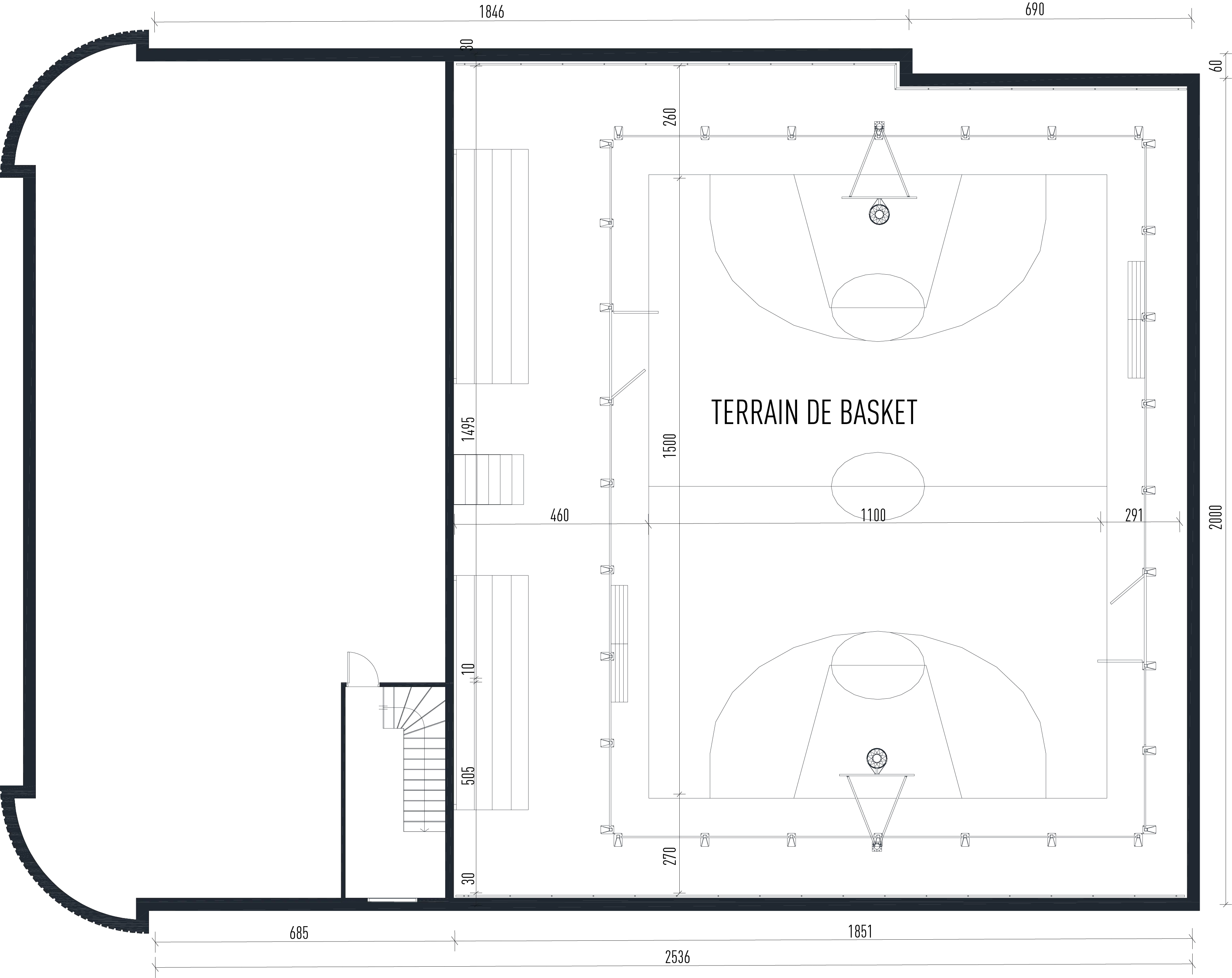 Plan de la toiture aménagée en terrain de basket