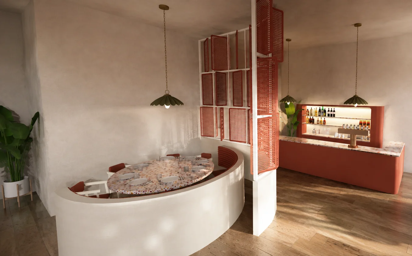 Salon privé arrondi et bar à bouteilles séparés par un claustra rouge